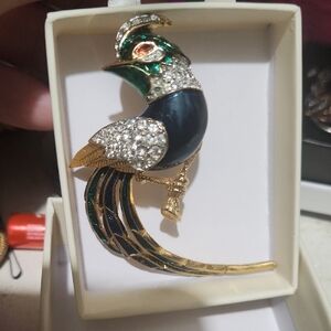 SALE!! Elegant, Enameled Peacock Brooch with Swarvarski Crystals.